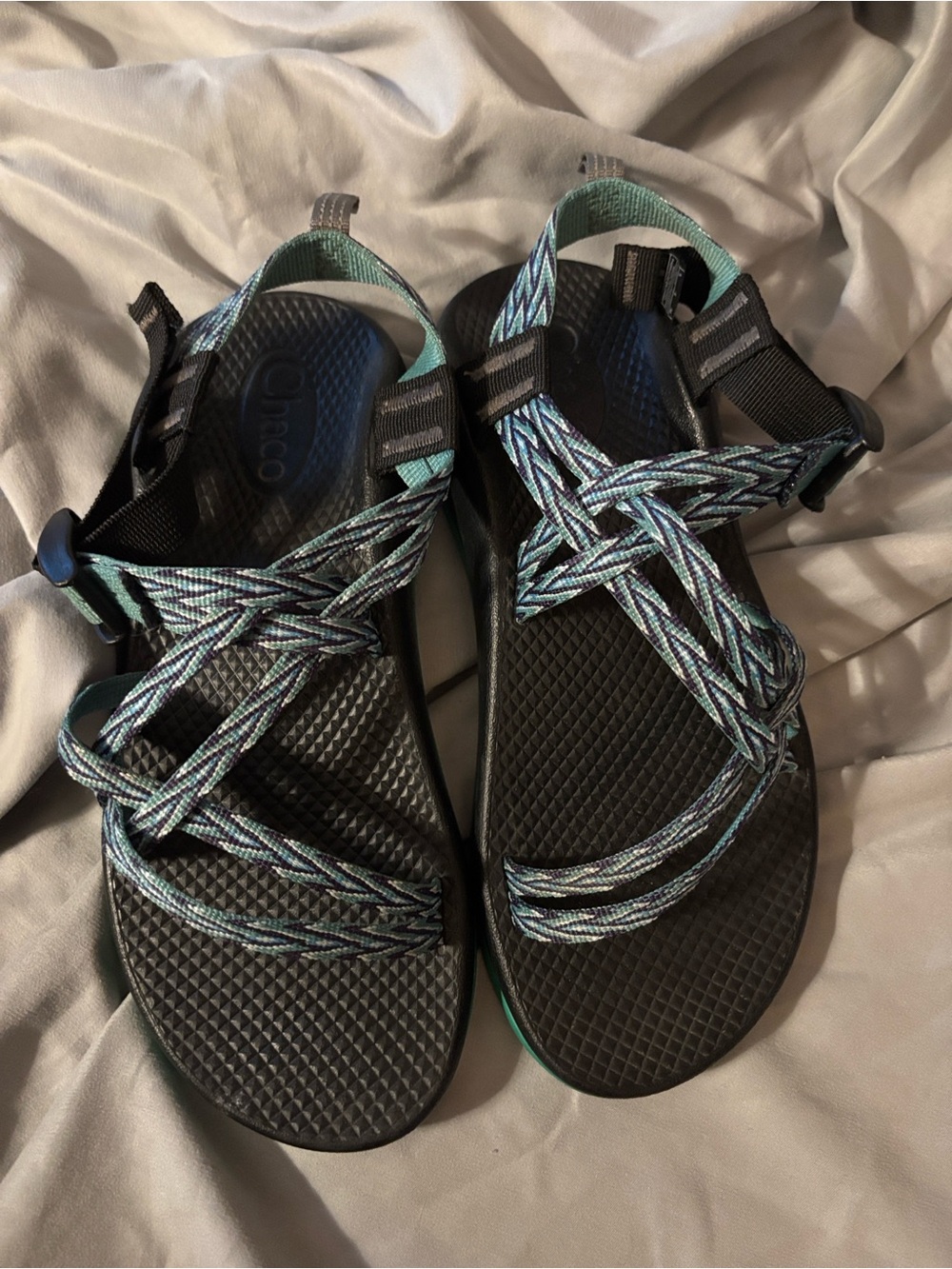 Chaco Kids Unisex Outdoor Sandals - Black with Teal & Navy Straps